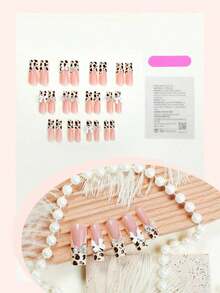 24pcs Extra Long Press On Nails Leopard Print French Fake Nails 3D White Bowknot Decorate Romantic Style False Nails For Women And Girls Nail Supplies - 彩色 - 查看 3