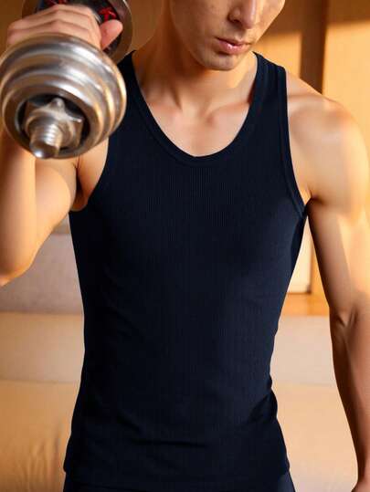 Camiseta sin mangas para hombre estilo minimalista básico algodón elástico lisa ajustada cuello U primavera verano para casa y gimnasio