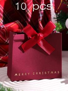 10pcs Elegant Merry Christmas Mini Gift Bags With Satin Ribbons - Classic Black, Green, And Red Designs Featuring Gold Foil Text - Perfect For Chocolates, Candies, And Small Gifts - Ideal For Holiday Celebrations, Christmas Party Favors, And Festive Gift Wrapping,Christmas