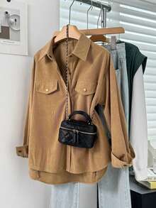 Chemise décontractée pour femmes, de couleur unie, avec boutons devant et poches, printemps - Brun - Voir 3