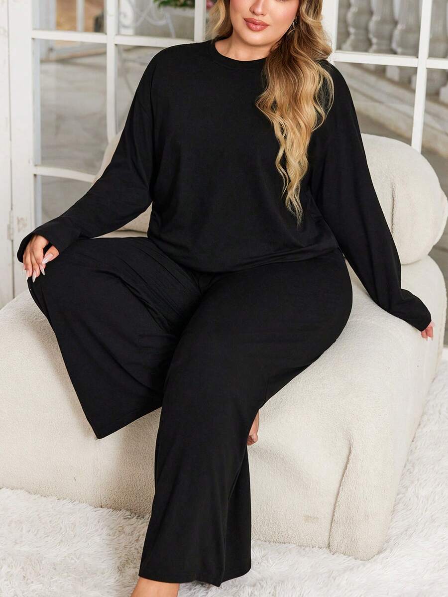 2-delat plusstorleksset för kvinnor, långärmad t-shirt och vida byxor, höst/vinter - Svart - Visa 1