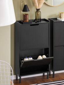 Shoe Rack With 2 Flaps, Narrow Shoe Cabinet, Shoe Rack With 2 Shelves, Shoe Chest Of Drawers, Shoe Storage, Black, W X H X D Approx. 50 X 90 X 19 Cm FSR177-SCH - Black - View 1