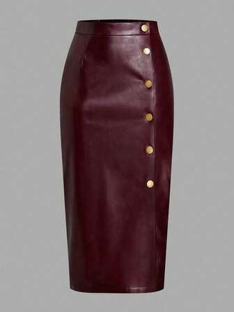 EARO Fashionable Elegant Minimalist High-End Sense Black Single-Breasted Slit PU Leather Skirt, Women's Bodycon Skirt, Autumn/Winter, Stylish, Elegant, Fitted, High Waist, Slimming, Elastic Waist, Sexy A-Line Mid-Length Skirt