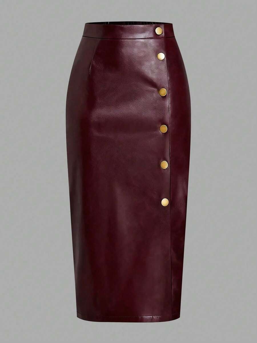 EARO 时尚优雅简约高端黑色单排扣开衩PU皮裙，女士修身半身裙，秋冬款，时尚优雅，修身显瘦，高腰设计，弹力腰带，性感A字中长裙，春季款 - 酒紅色 - 查看 1