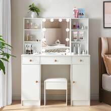 Dressing Table Vanity W/ LED Mirror Stool Drawers Set Makeup Desk UK - White - View 2