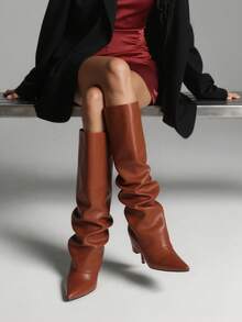 Fashion Winter Boots Pleated Fold Over Slouchy Long Boots Stiletto High Heel Thigh High Sexy Luxury Mature Tall Shark Shoes Woman - 棕色 - 查看 1