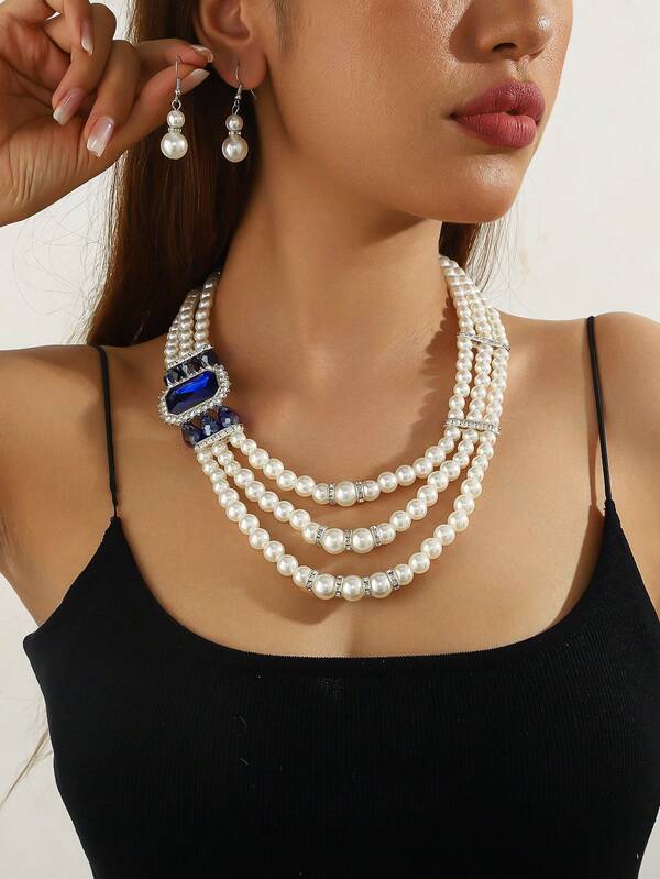 مجموعة مجوهرات عروس زفاف، قلادة أنيقة متعددة الطبقات من الراين والخرز على الطراز الأوروبي والأمريكي، إكسسوارات فستان