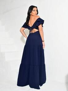 Long Off-The-Shoulder Dress With Ruffles, V-Neckline, Elegant, Charming Sleeves - Azul Marino - Ver 3