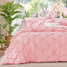 Pink King Size Comforter Set - 3 Pieces Boho Pintuck Lightweight Soft & Warm Bedding Set With 2 Pillowcases For All Season,  Design - 粉色 - 查看 9