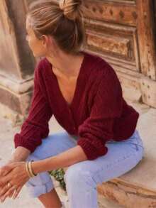 New Solid Color Cardigan Long Sleeve Knitted Sweater Jacket, Autumn/Winter - Burgundy - View 4