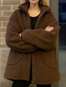 Abrigo de piel de oveja estilo coreano para mujer Versátil Top estilo influencer Chaqueta gruesa oversize de piel de oveja Ropa de piel de oveja para mujer Otoño/Invierno Novedades Abrigo de cuello alto de color liso y corte holgado Abrigo de lana cálido - Café integral - Ver 3