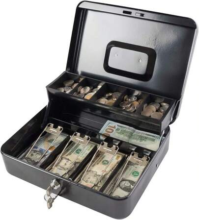 KYODOLED Locking Cash/Money Saving Organizer Box With Lock  With Key And Cash Tray, Black, 11.81Lx 9.45Wx 3.54H Inches, XL Large