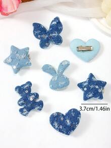 10pcs Random Blue Tone Rhinestone Glitter Fashion Hair Clips With Star, Rabbit, Butterfly, Bear, Heart Fabric Decor, Cute Girl Daily & Party Hair Accessories - Multicolor - View 4
