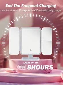 这款LED三折化妆镜具备3倍/2倍放大功能、触控操作、70颗LED灯珠、亮度可调、USB/电池供电、底部储物托盘，以及适合旅行和居家使用的三折设计。它是专业化妆、商务旅行、暑假度假、新娘妆容准备的理想之选，也是圣诞节、情人节、母亲节、感恩节和毕业季等节日送给女士的完美礼物。