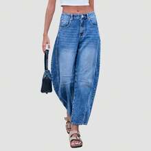 女士休闲复古蓝色阔腿牛仔裤，春夏款 - 藍色 - 查看 6