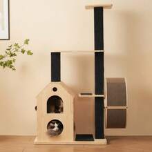 Solid Wood Cat Tree With Exercise Wheel – 80x40x152cm Scratching Post With 4 Platforms, 2 Cat Houses, Sisal Posts And Washable Mats, Cat Roller, Cat Exercise Wheel, Scratcher, Cat Climbing Frame - Black - View 7