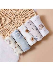 5条装薄纱婴儿围兜 60*60cm 柔软竹纤维拍嗝巾，婴儿面巾方形手帕，男女宝宝通用洗脸巾 - 彩色 - 查看 14