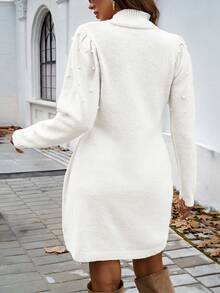 Vaiaye Women's Autumn/Winter Faux Pearl Decor Stand Collar Long Sleeve Elegant Christmas Sweater Dress - White - View 10