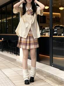 1pc Japanese Style JK Uniform Set, Apricot Loose Fit Babydoll Collar Short Sleeve Top + Plaid Pleated Skirt 2 Pieces Basic Student School Outfit - Apricot - View 2
