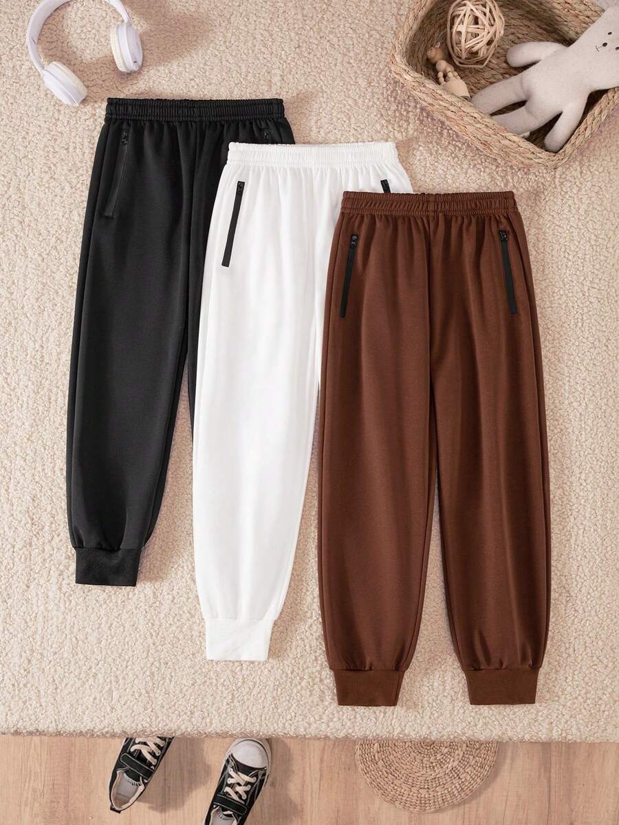 Tween Boy 休闲百搭三色拉链口袋纯色裤子，适合度假、旅行、运动 - 彩色 - 查看 1