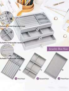 Elegant And Gorgeous Velvet Three-Layer Jewelry Storage Box With Drawers Jewelry Display Stand With Diamond Handle Rectangular Desktop Display Box Travel Portable Waterproof Dustproof Easy To Clean Plastic Earring Stand Suitable For Home Decoration Girls Dormitory Suitable For Halloween And Christmas Gifts