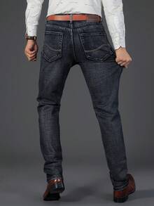男士修身彈性水洗牛仔褲，商務和休閒日常裝扮 - 黑色 - 查看 2