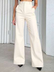 Women's Tailored Flare Pants With Fake Pockets At The Back - Cream - View 1