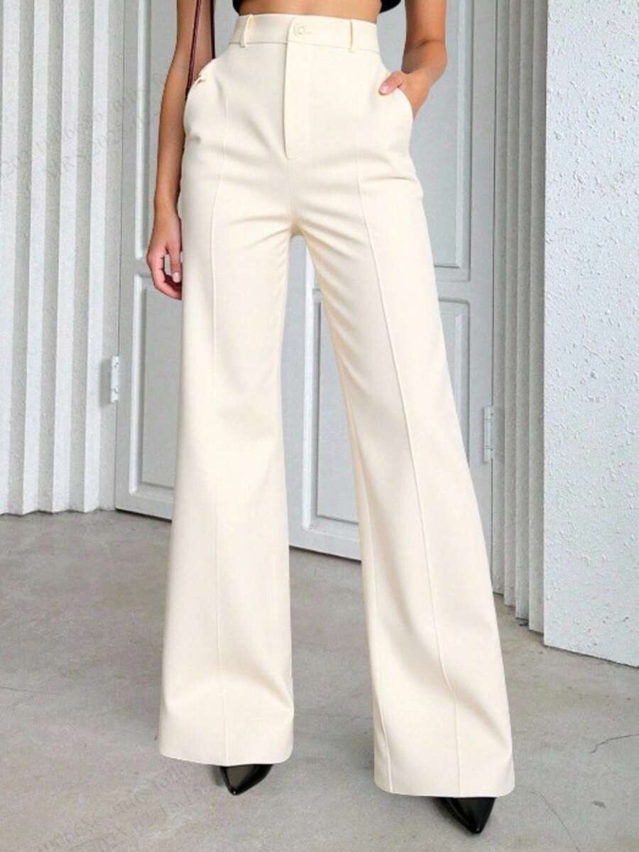 Women's Tailored Flare Pants With Fake Pockets At The Back - Cream - View 1