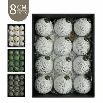 12 piezas, 8cm/3.14in Adornos navideños de bolas vintage, Decoraciones para el árbol de Navidad