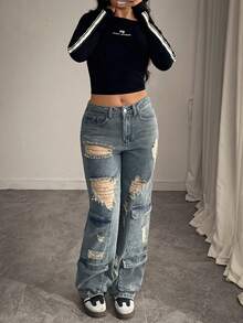 Jeans con strappi di design di alta moda, pantaloni jeans con effetto vissuto, di stile retrò, adatti a ragazze