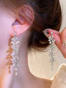 1 对优雅水钻叶流苏夹式耳环，时尚无穿孔耳环，适合女性、婚礼、派对、珠宝礼物 - 銀色 - 查看 2
