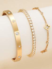 1 件时尚四叶草锆石不锈钢女士手链套装，适合日常佩戴、情侣约会、多场合搭配和送礼 - 金黃色 - 查看 10