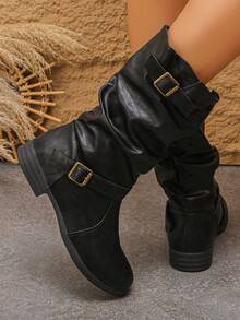 بوت نسائية موضة، بوت كاحل مطوية قابلة للانزلاق، بوت كاحل نسائية ذات كعب مسطح بإبزيم بطراز غربي، لون أحادي، للعطلات