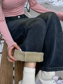 街头风直筒斜插口袋加厚牛仔保暖低腰牛仔裤，秋冬保暖裤，Y2K音乐节必备