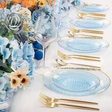 2件套玻璃透明金边餐盘，西式餐盘，派对餐盘，意面盘，大号10.25英寸/小号7.5英寸，可重复使用，蓝色金边，透明蓝色巴洛克风格餐盘，饰有浮雕金边，适用于派对、宴会、婚礼、新年、情人节等场合，优质餐盘套装 - 彩色 - 查看 5