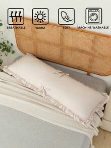 1pc Polyester Solid Color Knotted Ruffle Edge Long Bolster Pillow Cover (Pillow Insert Not Included), Pastoral Vintage Elegant Style, Bedroom & Room Decor, Ideal Gift, Decorative Lumbar Pillow - Beige - View 7