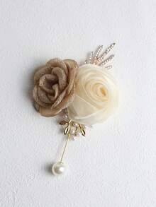 2pcs Elegant Rose Flower Boutonniere And Wrist Corsage Set, Suitable For Groom, Bride, Wedding Decoration, Party, Banquet
