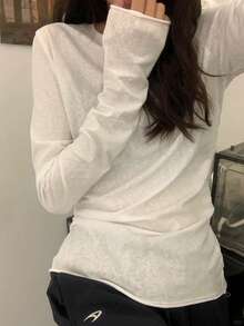 宽松卷边长袖T恤，轻薄面料，修身剪裁，白色春季叠穿上衣 - 白色 - 查看 8