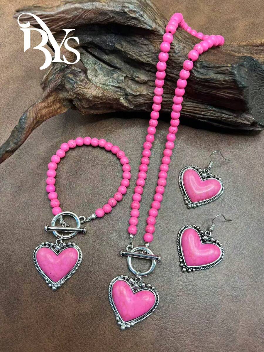 1 Set Vintage Bohemian Style Turquoise Beaded Necklace, Synthetic Turquoise Heart Pendant Necklace, Heart Bracelet, Heart Earrings, Versatile Short Style, Suitable For Casual Wear, All Seasons Jewelry, Suitable For Women And Girls, Daily Outfit, Party Accessories, Jewelry, Gift For Family/Friends/Yourself - Bohemian Style - View 1