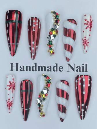 10 件圣诞指甲可爱红白色压合亚克力指甲套装带雪花和 3D 水钻 Y2K 长细高跟镀铬指甲手工条纹闪光假指甲套装指甲用品红色指甲假指甲适合女孩和女士万圣节