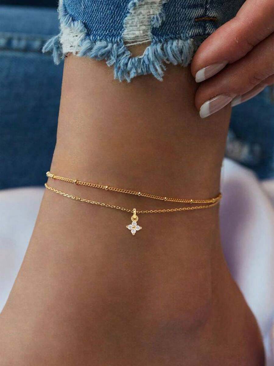 Tkool 2 pièces/set Pendentif trèfle à quatre feuilles avec chaîne, micro-incrusté de zircone cubique à double couche, bijou de cheville pour femmes, port quotidien (quantité de perles de chaîne aléatoire) - Or jaune - Voir 1