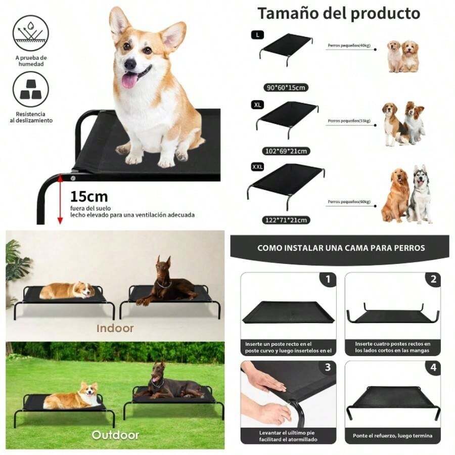 Cama para Perro, 102 * 69 * 21cm Cama Elevada para Perro Porttil con Malla Lavable y Transpirable, Marco de Metal, para Uso Interior, Exterior y Camping Negro, X - Large - negro + Grande - Ver 1