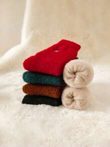 5 Pairs Fluffy Christmas Socks For Women, Mid-Calf, Warm Lining, Suitable For Autumn/Winter, Home & New Year Floor Socks - 彩色 - 查看 6