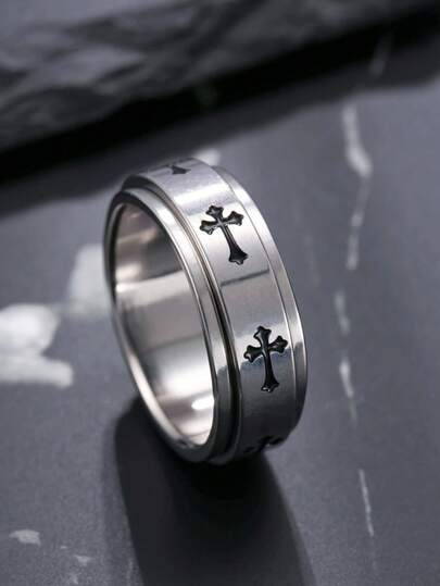 Pierścień ze stali nierdzewnej z krzyżem, obrotowy, łagodzący lęk. Stylowy i minimalistyczny design. Nadaje się do codziennego noszenia. Idealny do nabożeństw i modlitwy.