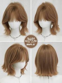 NAMM 12 Inch Short Curly Wigs For Women - Modest Fashion Wave Wig Curtain With Bangs, Brown Soft Silky Heat-Resistant Synthetic Fiber Wigs For Daily Use, Perfect For Holidays Music Festivals Celebrations-Sakura Celebrations Glam & Party Street Wear Photography Use - 棕色 - 查看 5
