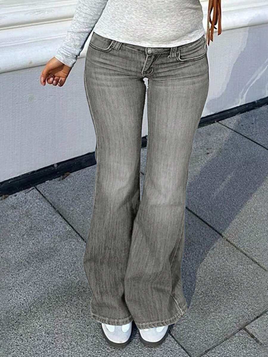 Comfortable Stretch Fabric, Low-Waist Style, Front Button Closure, Slim & Sexy, Washed Solid Color Pocket Women's Jeans - Dark Grey - View 1