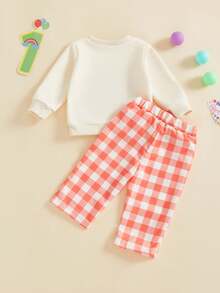 Conjunto de pantalón de cumpleaños para bebé niña, camiseta de manga larga con cuello redondo y bordado de la letra quot;Feliz cumpleañosquot; + pantalón a cuadros, ropa informal de mezcla de algodón suave, ideal para fotos de cumpleaños y fiestas. - Albaricoque - Ver 7