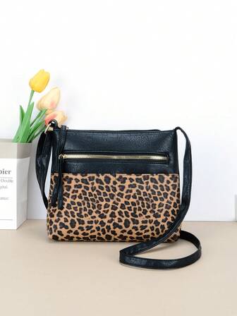 1 件复古动物印花女士斜挎包，适合送礼，休闲奶牛图案单肩包，适合日常使用，女士手提包带腕带