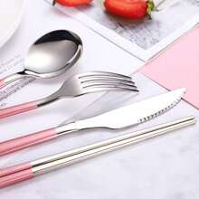 1 Set Portable Plastic Striped Cutlery Set, Camping Tableware, Reusable Spoon & Fork Set With Storage Box, Suitable For Picnics & Daily Use,Kitchen,Christmas Gift Back To School,School Supplies - Nhiều màu - Xem 4