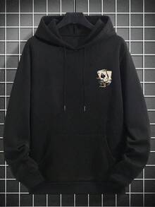 SU ER Men's Casual Card Print Hooded Sweatshirt With Pocket, Autumn/Winter - Black - View 3